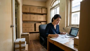 Singapore brand founder reviewing an international trademark application beside boxed products ready for overseas shipping