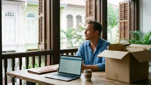 Founder at a desk in a Singapore shophouse office, laptop open beside a half-unpacked moving box after relocating his business