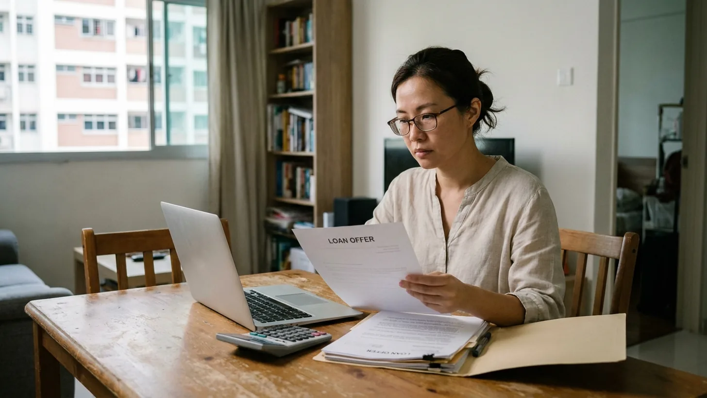 Woman in glasses at a wooden dining table at home reviewing a printed loan offer beside a laptop, a calculator and a folder of documents