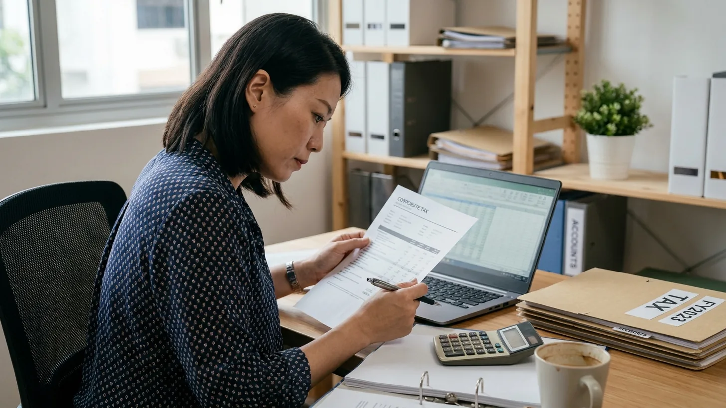 Tax accountant at her desk checking a printed corporate tax computation against a spreadsheet on her laptop, with binders, a calculator and labelled tax folders